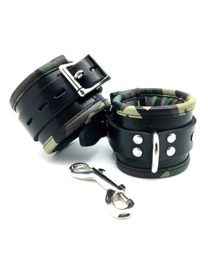 Sensual Sin Leather Padded Wrist Cuffs – Camo Piping BDSM & Bondage Toys & Gear | Buy Online at Pleasure Cartel Online Sex Toy Store