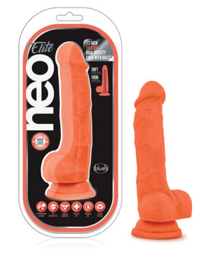 Blush Neo Elite 7.5″ Silicone Dual Density Cock W-balls – Neon Orange Blush Sex Toys | Buy Online at Pleasure Cartel Online Sex Toy Store