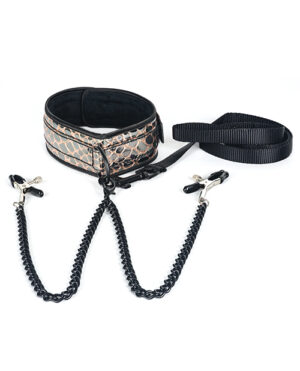 Spartacus Faux Leather Collar & Leash W-black Nipple Clamps – Gold BDSM & Bondage Toys & Gear | Buy Online at Pleasure Cartel Online Sex Toy Store