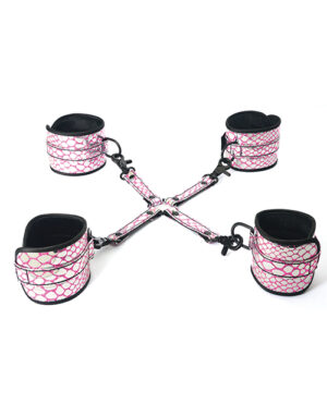 Spartacus Faux Leather Wrist & Ankle Restraints W-hog Tie – Pink BDSM & Bondage Toys & Gear | Buy Online at Pleasure Cartel Online Sex Toy Store