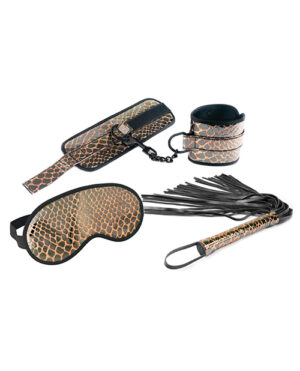 Spartacus Faux Leather Wrist Restraints Blindfold & Flogger Bondage Kit – Gold BDSM & Bondage Toys & Gear | Buy Online at Pleasure Cartel Online Sex Toy Store