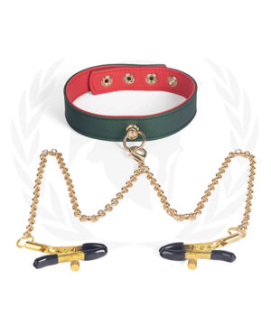 Spartacus Pu Collar W-nipple Clamps – Green BDSM & Bondage Toys & Gear | Buy Online at Pleasure Cartel Online Sex Toy Store
