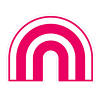 Illustration of a stylized rainbow arch with a central doorway, set against a blue and white striped background.