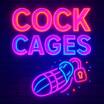 Bright neon text displaying "Cock Cages" with a stylized lock and design element on a dark brick background.