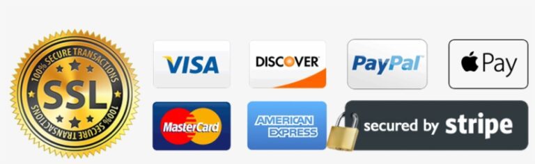 Logos of SSL and payment providers like Visa, MasterCard, and Stripe indicating secure transactions.