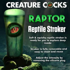 The image is an advertisement for a product titled "Creature Cocks™ RAPTOR Reptile Stroker." It displays a cylindrical device with a reptilian eye and skin texture. The ad describes the product as soft and squishy, designed for exploration, removable for cleaning, and adjustable in intensity by removing a silicone plug. The background suggests a dimly lit, jungle-like environment.