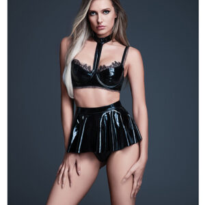 Allure Naughty Nights Latex Look Vinyl and Lace Choker Bra & Mini Skirt 2 pc Set - Black LG