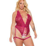 Scallop Stretch Lace Crotchless Teddy w/Lace Up Front Raspberry OS/XL