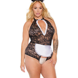 Scallop Stretch Lace Crotchless Maid Teddy w/Headpiece Black/White OS/XL