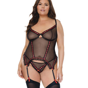 Mesh Underwire Garterbelt Bustier w/G-String Black 3X/4X