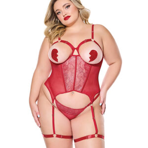 Metallic Stretch Scallop Lace and Mesh Bustier w/Thong - Red 1X/2X