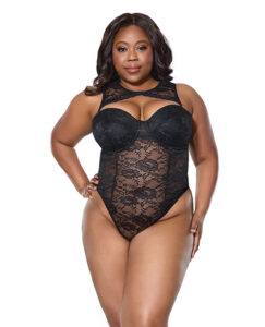 Lace Teddy w/Padded Underwire Cups & Removable Neck Accent - Black 1X/2X