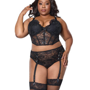 Lace Bustier w/Padded Cups & Gartered Thong Panty 2 pc Set - Black 3X/4X