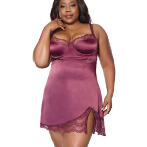Scallop Lace Trimmed Stretch Satin Chemise w/Underwire Cups - Mauve Plum 3X/4X