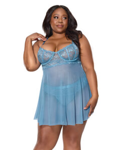 Floral Lace and Mesh Babydoll w/Underwire Cups & High-Waist Thong 2 pc Set - Blue 1X/2X