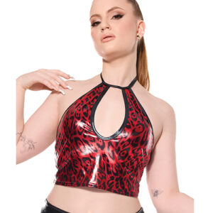Darque Metallic Wet Look Keyhole Halter Top - Red/Black LG