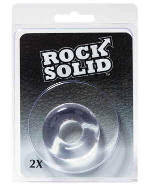 Rock Solid Rubber Doughnut Rings::A clear rubber doughnut ring packaged for retail, labeled "Rock Solid" with the quantity of two.