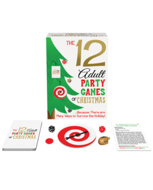 The 12 Adult Party Games of Christmas::A festive game set for adult holiday gatherings, featuring cards, dice, and game pieces, designed for fun and entertainment during the Christmas season.