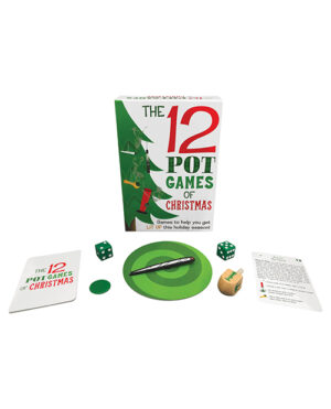 A board game set featuring the box, dice, game pieces, and instructions for festive holiday games.