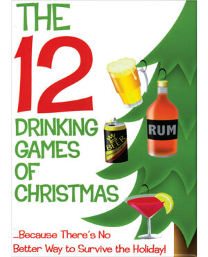 A festive poster featuring holiday-themed drinking games with images of beer, rum, and cocktails set against a Christmas tree backdrop.