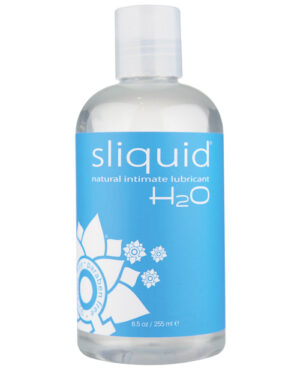 Clear bottle of Sliquid H2O natural intimate lubricant with a blue label, showcasing its paraben-free formula.