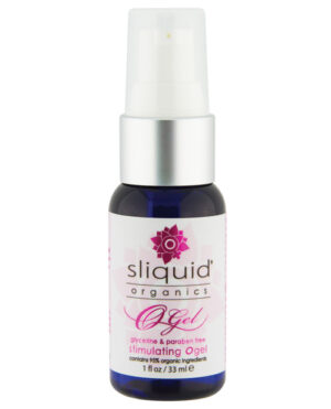 A 1 fl oz spray bottle of Sliquid Organics Stimulating O Gel, labeled as glycerine and paraben free, with 95% organic ingredients.