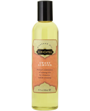 A bottle of KamaSutra Sweet Almond Massage Oil, designed for relaxation and de-stressing, featuring a sensual blend of calming oils in an 8 fl oz container.