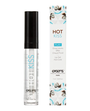 A clear lip gel tube with a black cap alongside its packaging featuring vibrant designs, labeled "Hot Kiss" and "Play," indicating a hot-cold sensation.