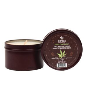 Two containers of Hemp Seed 3-in-1 massage candle, one with lid off showing candle and one with lid on displaying product information.