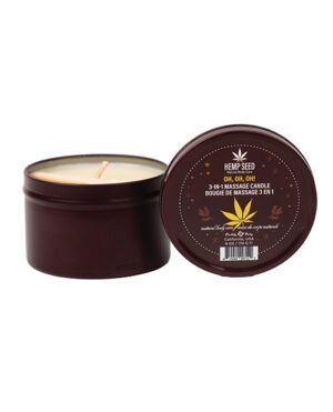 Two containers of Hemp Seed 3-in-1 massage candle showing both open and closed lid with label details.