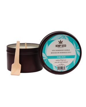 A 3-in-1 massage candle by Hemp Seed, with its lid displaying product information next to the open brown container holding the candle and a small wooden spatula.