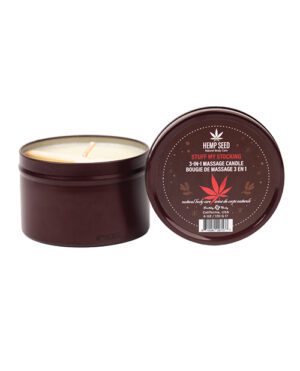 Hemp Seed 3-in-1 Massage Candle:::Image of a Hemp Seed branded 3-in-1 massage candle with a lid featuring product information.