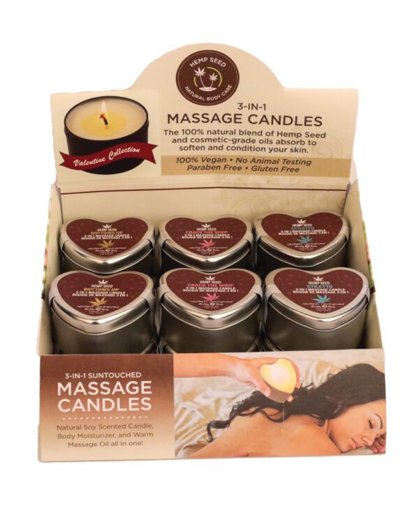 Earthly Body 2025 Valentines 3 in 1 Massage Heart Candle Display w-Tester - 3 Scents Display of 12