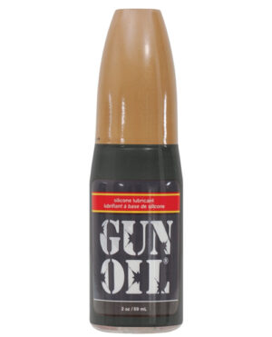 Silicone Lubricant Bottle::A bottle of Gun Oil silicone lubricant with a dark green base and light brown cap, labeled with product details.