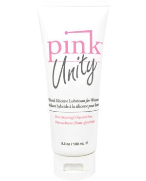 A tube of Pink Unity lubricant, labeled as a "Hybrid Silicone Lubricant for Women," that is non-staining and glycerin-free, containing 3.3 ounces or 100 mL of product.