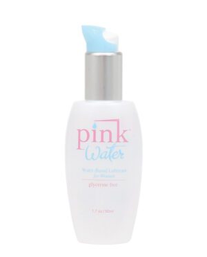A bottle of Pink Water water-based lubricant with a pump dispenser.