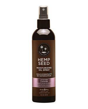 A bottle of Hemp Seed Moisturizing Oil Spray in Lavender scent on a white background.