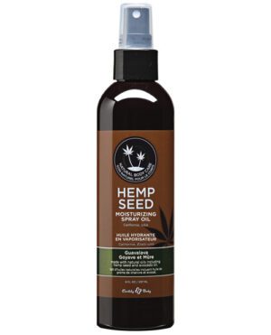 Bottle of Hemp Seed Moisturizing Spray Oil in a brown spray bottle with an earth-toned label that specifies the scent as 'Guavalava'.
