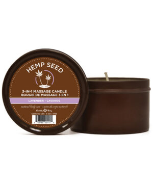 A 3-in-1 massage candle with a lavender scent, presented in a dark brown tin, featuring natural body care ingredients.