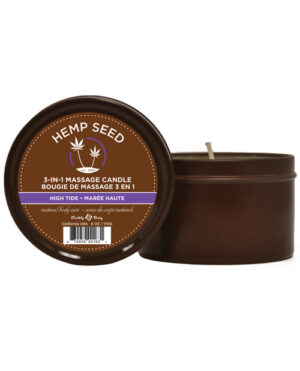 Hemp Seed 3-in-1 Massage Candle::A brown tin massage candle featuring a label that reads 'Hemp Seed 3-in-1 Massage Candle' with the scent 'High Tide,' designed for relaxation and body care.