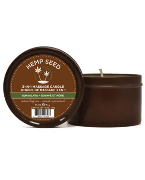 A brown tin candle labeled "Hemp Seed 3-in-1 Massage Candle" with a guava fragrance, showcasing its dual function for massage and ambiance.