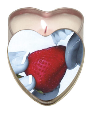 A heart-shaped candle featuring a strawberry graphic and a lit wick inside.