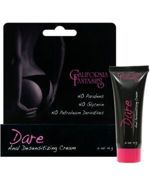 The image features a product packaging for 'Dare Anal Desensitizing Cream' by 'California Fantasies', stating it contains no parabens, no glycerin, and no petroleum derivatives, along with a tube of the cream placed in front of the packaging.