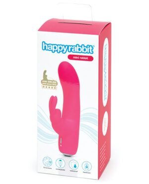 Colorful packaging for the Happy Rabbit Mini Rabbit vibrator, featuring product highlights and instructions.