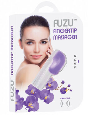 Fuzu Fingertip Massager Packaging::A product package featuring the Fuzu Fingertip Massager, showcasing a woman with smooth skin and a sleek massager design, complemented by purple orchid graphics.