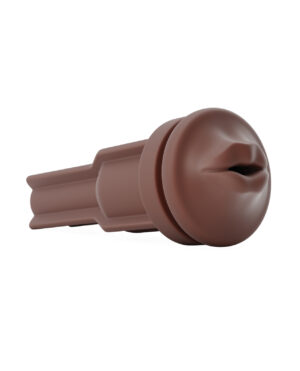 A detailed view of a smooth, brown, cylindrical object with a rounded end designed for a specific function.