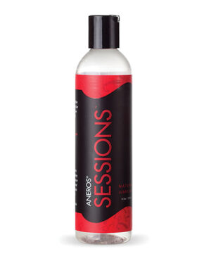 A bottle of Aneros Sessions natural water-based lubricant with a black and red label, against a white background.