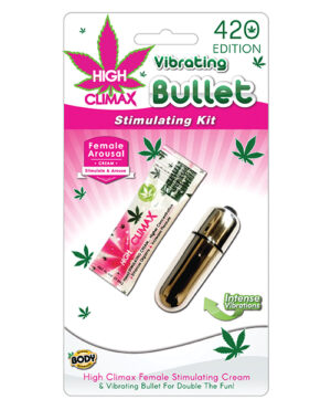 Vibrating Bullet Stimulating Kit::High Climax Female Arousal Cream and vibrating bullet packaging featuring cannabis leaf design and bold colors.