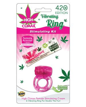 Product packaging for "HIGH CLIMAX 420 Edition - Vibrating Ring Stimulating Kit" with a pink vibrating ring and a tube of female arousal cream, featuring cannabis leaf graphics and the phrases "Female Arousal," "Stimulate & Arouse," and "Intense Vibrations."