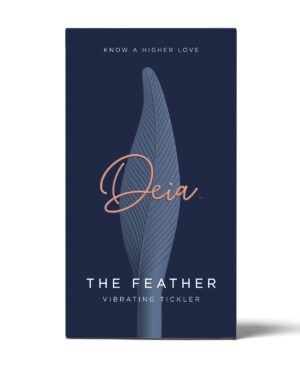 A product box for 'Deia - The Feather Vibrating Tickler', featuring elegant design and branding on a dark blue background.